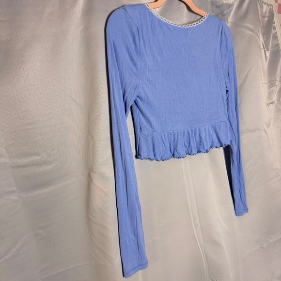 Out From Under Blue Lace Trim Ruffle Crop Top Long Sleeve Rosette Coquette XS - Picture 8 of 11